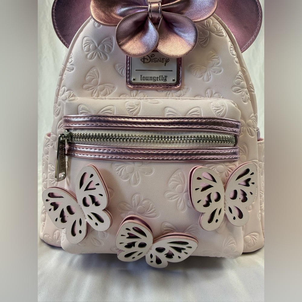 Disney Loungefly Minnie Mouse Butterfly Pink Mini Backpack Rose Gold Ears - Picture 2 of 14